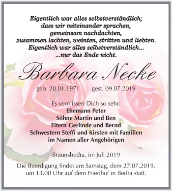 Traueranzeige von Barbara Necke von Wochenspiegel Merseburg/Querfurt / Sangerhausen