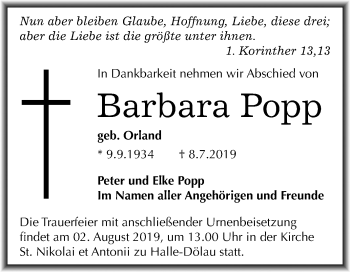 Traueranzeige von Barbara Popp von Mitteldeutsche Zeitung Halle/Saalkreis