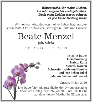 Traueranzeige von Beate Menzel von Super Sonntag Bernburg