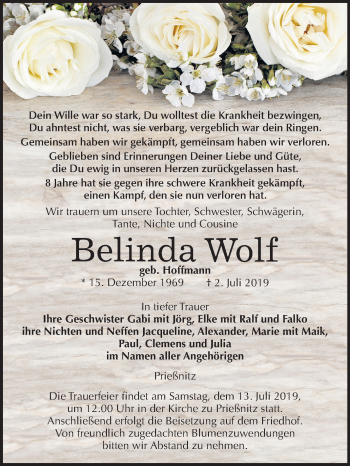Traueranzeige von Belinda Wolf von Wochenspiegel Naumburg/Nebra
