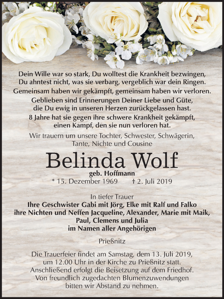  Traueranzeige für Belinda Wolf vom 10.07.2019 aus Wochenspiegel Naumburg/Nebra