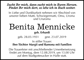 Traueranzeige von Benita Mennicke von Mitteldeutsche Zeitung Halle/Saalkreis