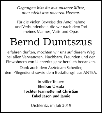 Traueranzeige von Bernd Dumtszus von Wochenspiegel Weißenfels