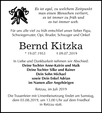 Traueranzeige von Bernd Kitzka von Wochenspiegel Bitterfeld