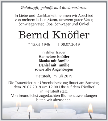 Traueranzeige von Bernd Knöfler von Wochenspiegel Mansfelder Land