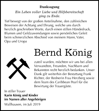 Traueranzeige von Bernd König von Wochenspiegel Sangerhausen