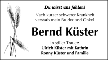Traueranzeige von Bernd Küster von Super Sonntag Aschersleben