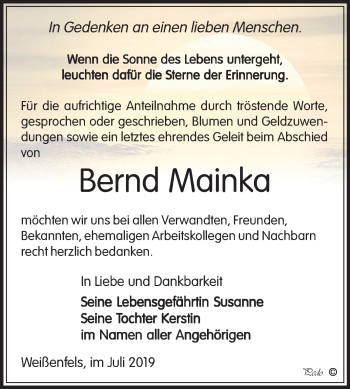 Traueranzeige von Bernd Mainka von Mitteldeutsche Zeitung Weißenfels
