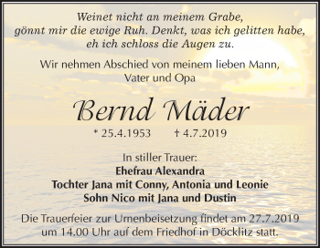 Traueranzeige von Bernd Mäder von Super Sonntag Merseburg/Querfurt