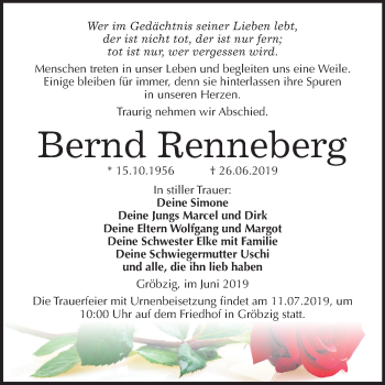 Traueranzeige von Bernd Renneberg von Super Sonntag Köthen