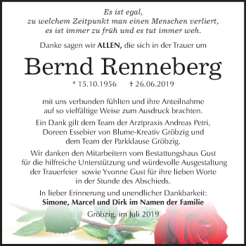 Traueranzeige von Bernd Renneberg von Super Sonntag Köthen