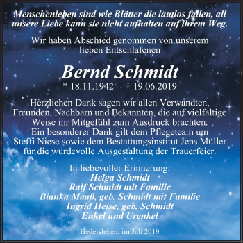 Traueranzeige von Bernd Schmidt von Super Sonntag Quedlinburg