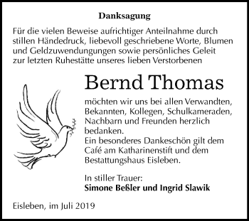 Traueranzeige von Bernd Thomas von Wochenspiegel Mansfelder Land