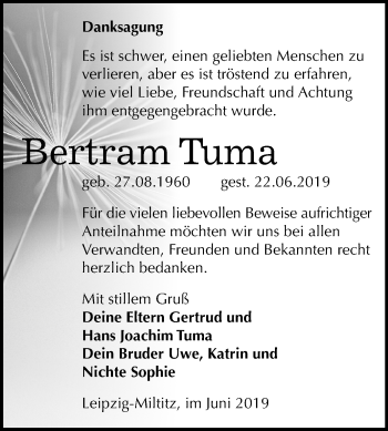 Traueranzeige von Bertram Tuma von Wochenspiegel Weißenfels