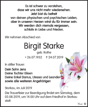 Traueranzeige von Birgit Starke von Mitteldeutsche Zeitung Weißenfels