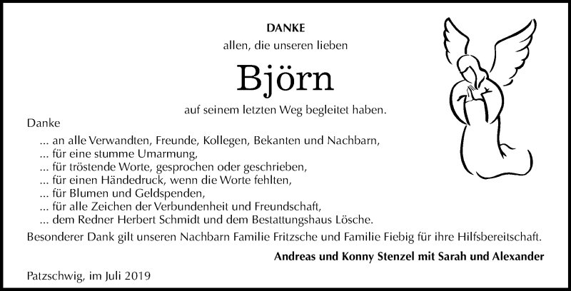  Traueranzeige für Björn Stenzel vom 20.07.2019 aus Mitteldeutsche Zeitung Wittenberg