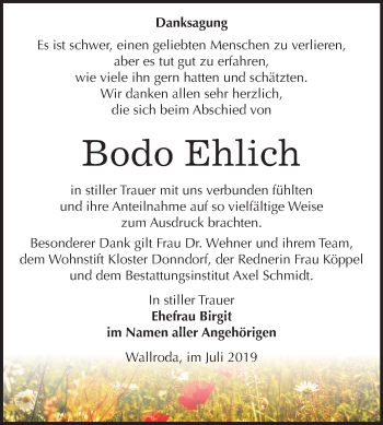 Traueranzeige von Bodo Ehlich von Wochenspiegel Naumburg/Nebra