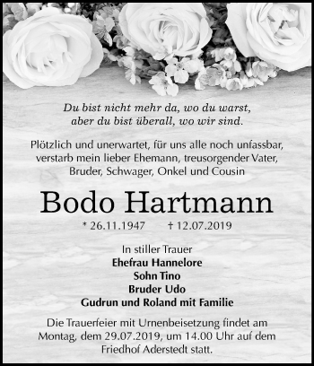 Traueranzeige von Bodo Hartmann von Super Sonntag Bernburg