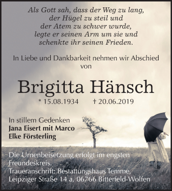 Traueranzeige von Brigitta Hänsch von Wochenspiegel Bitterfeld