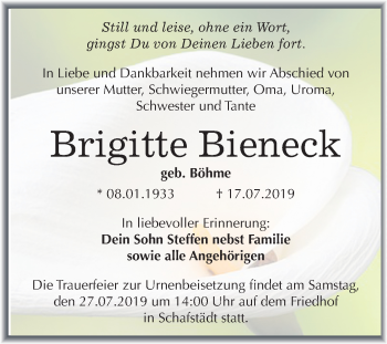 Traueranzeige von Brigitte Bieneck von Super Sonntag Merseburg/Querfurt