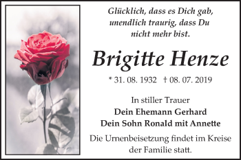 Traueranzeige von Brigitte Henze von Mitteldeutsche Zeitung Bitterfeld