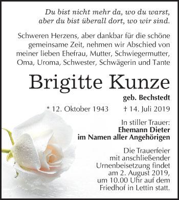 Traueranzeige von Brigitte Kunze von Mitteldeutsche Zeitung Halle/Saalkreis