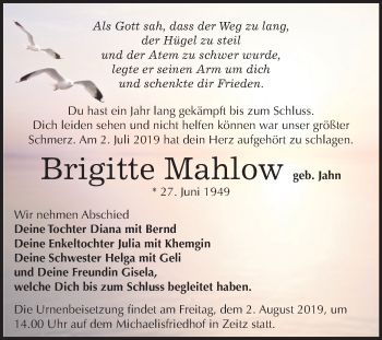 Traueranzeige von Brigitte Mahlow von Mitteldeutsche Zeitung Zeitz