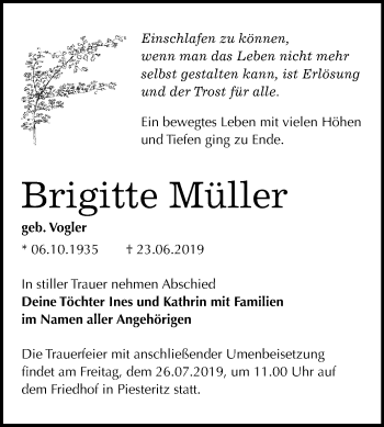 Traueranzeige von Brigitte Müller von Super Sonntag Wittenberg