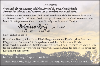 Traueranzeige von Brigitte Rulf von Super Sonntag Sangerhausen