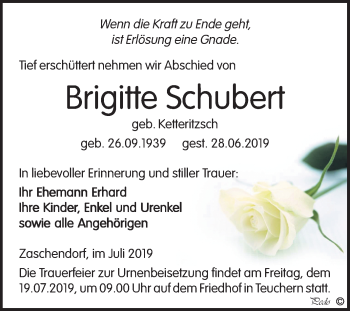 Traueranzeige von Brigitte Schubert von Wochenspiegel Weißenfels