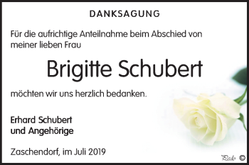 Traueranzeige von Brigitte Schubert von Mitteldeutsche Zeitung Weißenfels