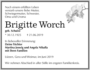 Traueranzeige von Brigitte Worch von Mitteldeutsche Zeitung Weißenfels