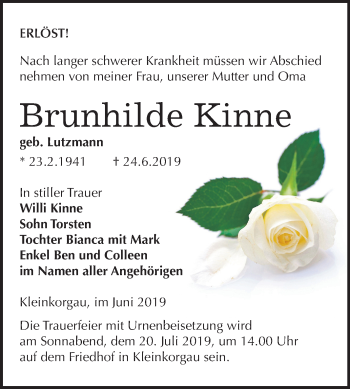 Traueranzeige von Brunhilde Kinne von Super Sonntag Wittenberg