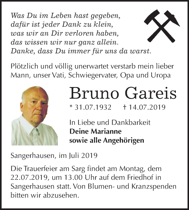  Traueranzeige für Bruno Gareis vom 19.07.2019 aus Mitteldeutsche Zeitung Sangerhausen