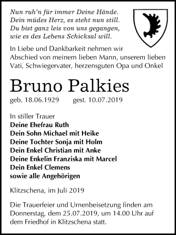 Traueranzeige von Bruno Palkies von Super Sonntag Wittenberg