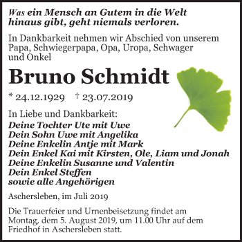 Traueranzeige von Bruno Schmidt von Super Sonntag Aschersleben