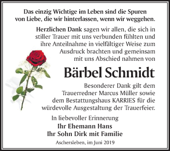 Traueranzeige von Bärbel Schmidt von Super Sonntag Aschersleben