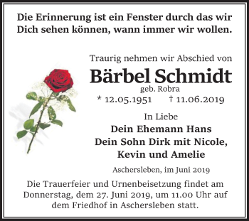 Traueranzeige von Bärbel Schmidt von Mitteldeutsche Zeitung Aschersleben
