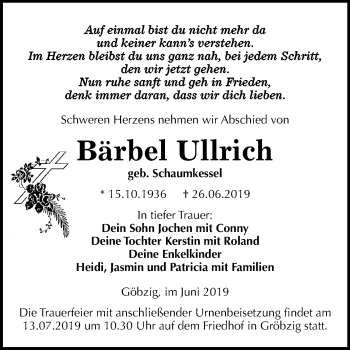 Traueranzeige von Bärbel Ullrich von Super Sonntag Köthen