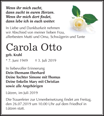 Traueranzeige von Carola Otto von Wochenspiegel Weißenfels