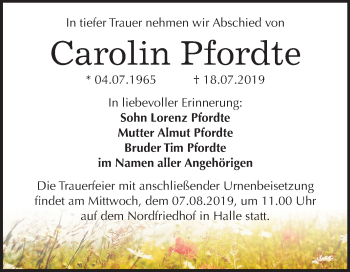 Traueranzeige von Carolin Pfordte von Mitteldeutsche Zeitung Halle/Saalkreis