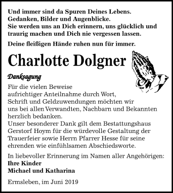 Traueranzeige von Charlotte Dolgner von Super Sonntag Quedlinburg
