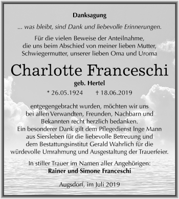 Traueranzeige von Charlotte Franceschi von Mitteldeutsche Zeitung Mansfelder Land