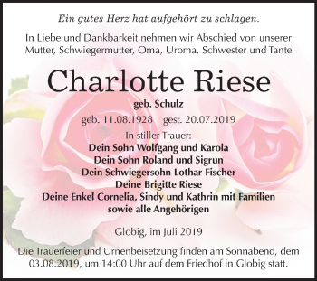 Traueranzeige von Charlotte Riese von Mitteldeutsche Zeitung Wittenberg