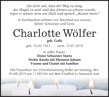 Traueranzeige von Charlotte Wölfer von Mitteldeutsche Zeitung Merseburg/Querfurt