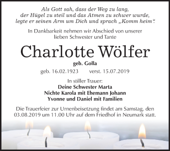 Traueranzeige von Charlotte Wölfer von Super Sonntag Merseburg/Querfurt