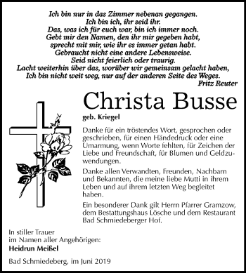 Traueranzeige von Christa Busse von Super Sonntag Wittenberg