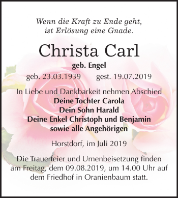 Traueranzeige von Christa Carl von Mitteldeutsche Zeitung Wittenberg