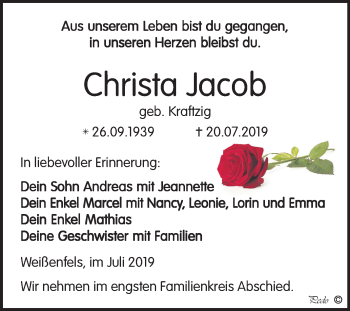 Traueranzeige von Christa Jacob von Wochenspiegel Weißenfels