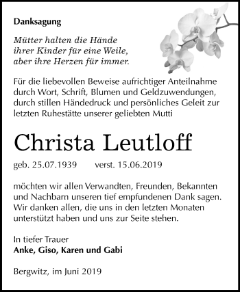Traueranzeige von Christa Leutloff von Mitteldeutsche Zeitung Wittenberg
